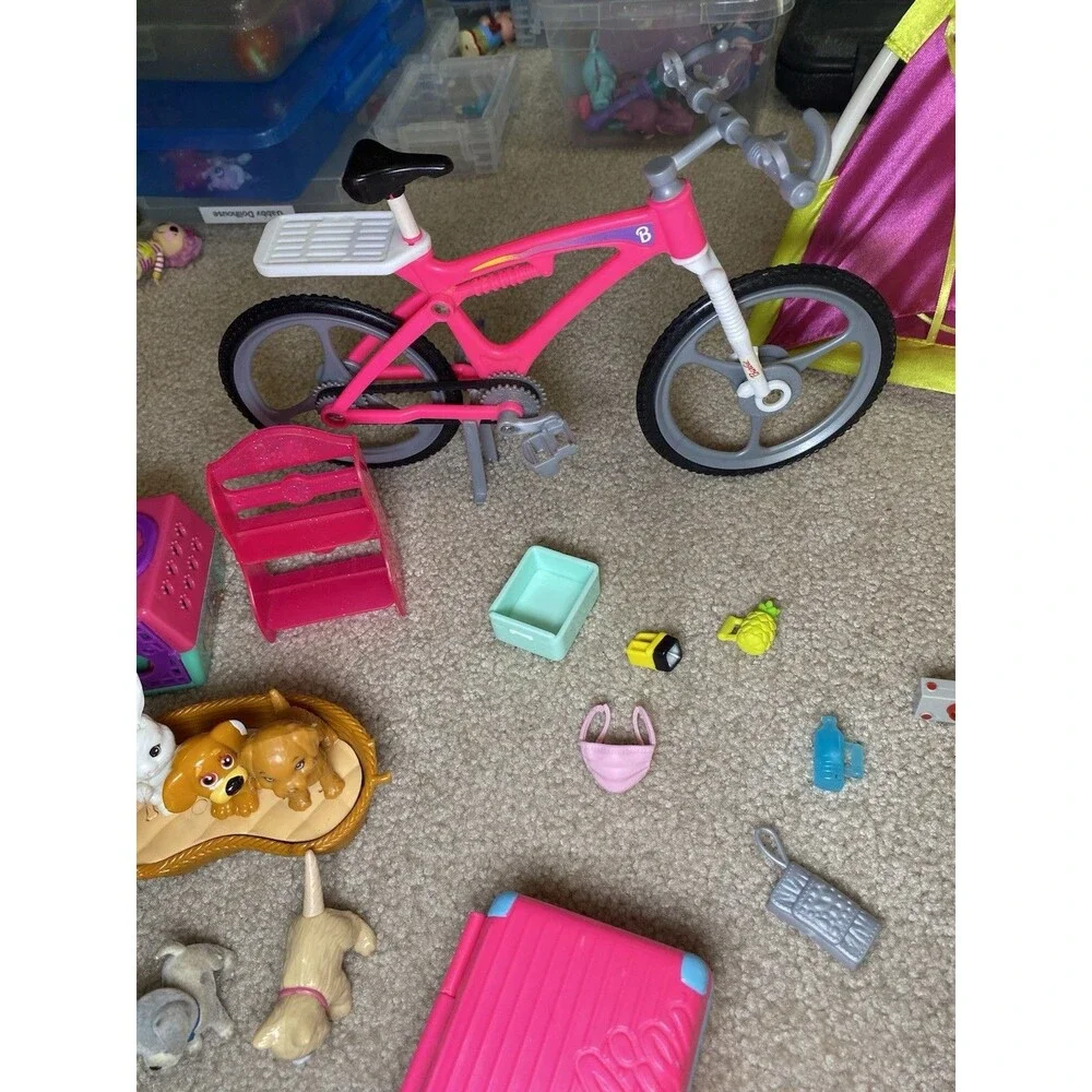 Barbie Camping Travel Playset Lot Tent Bicycle Grill Pets Suitcase Accessories